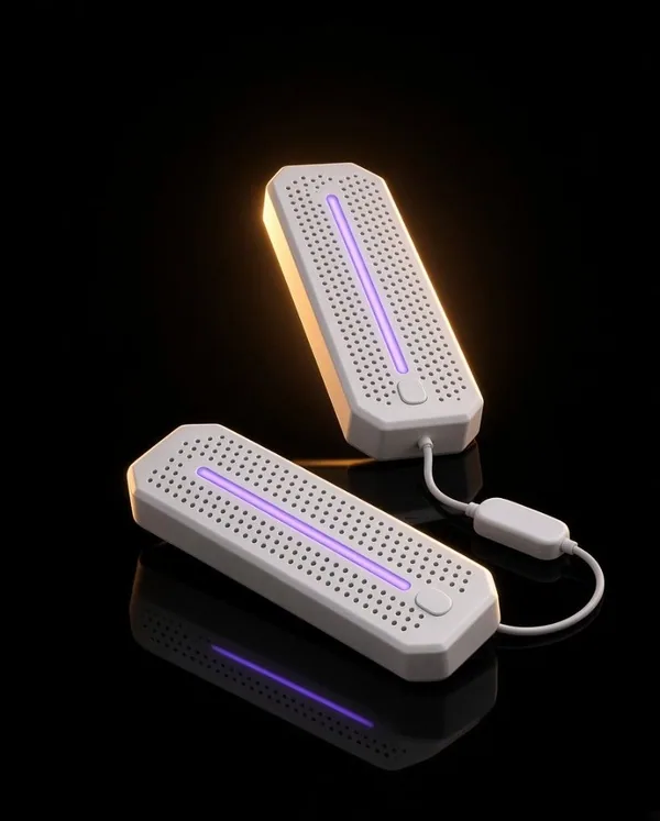 Two white perforated shoe dryer inserts with violet light strips and an inline controller